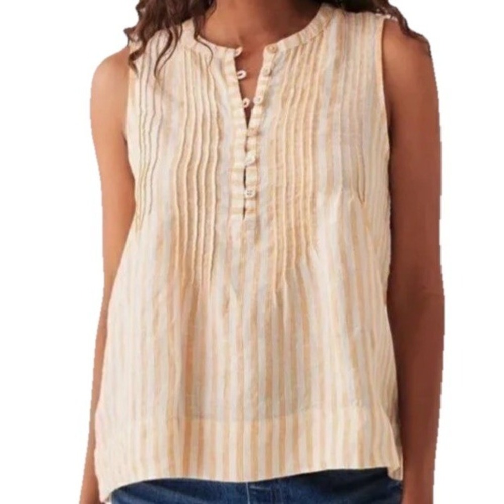Faherty Isha Linen Pintuck Pleat Yellow Striped Tank Top Coastal Beach Women's S